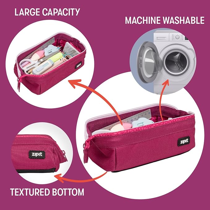 ZIPIT Lenny Pencil Case, Wide-Opening Zipper Pouch for Girls, Pink | Aesthetic pouch for school, machine washable, colorful lining, holds 55 pens & pencils, doubles as a makeup case for travel