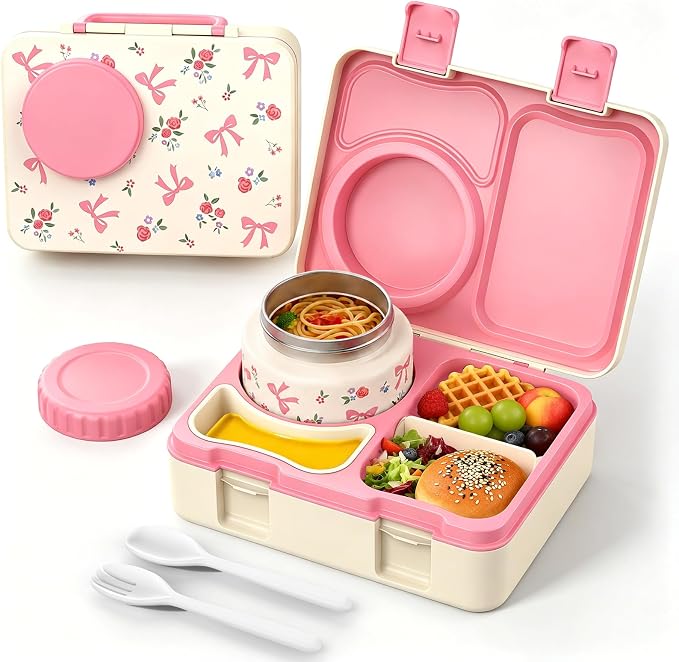 Kids Insulated Lunch Box with 8OZ Thermo Food Jar | Leakproof Bento Box with Ice Pack Sauce Cup Utensils Removable Tray & Dividers for School Daycare Travel, Floral Bows
