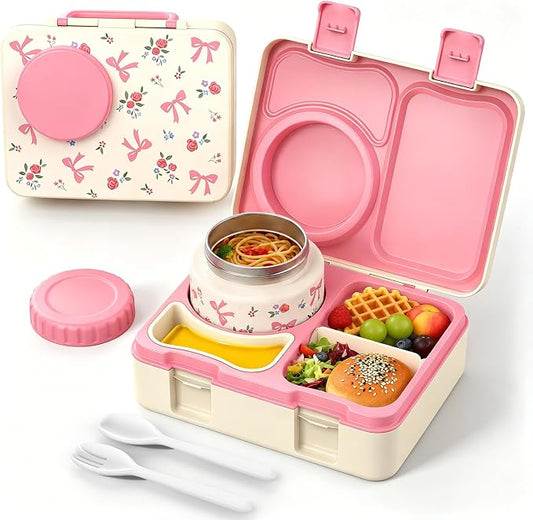 Kids Insulated Lunch Box with 8OZ Thermo Food Jar | Leakproof Bento Box with Ice Pack Sauce Cup Utensils Removable Tray & Dividers for School Daycare Travel, Floral Bows