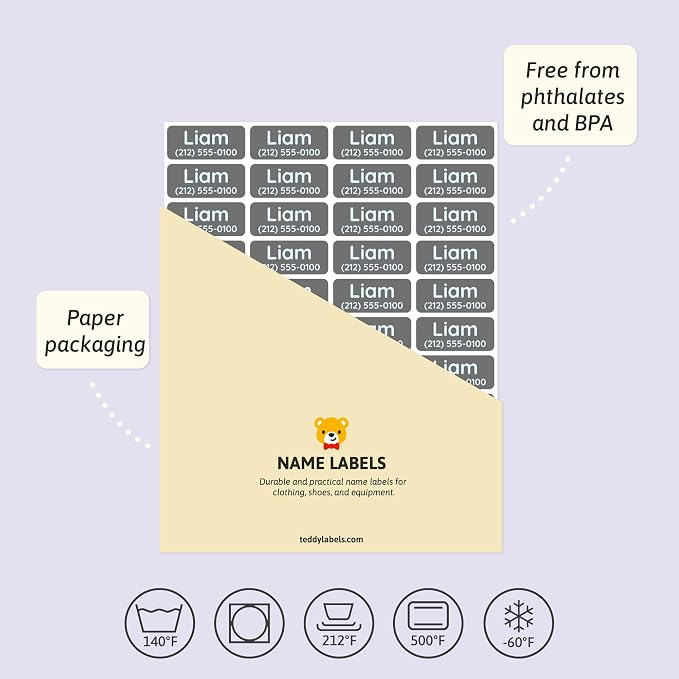 TeddyLabels - Clothing Labels for Nursing Home (180) – Self-Adhesive Name Tags for Clothes and Personal Items. Personalized Labels for Daycare, Nursing Homes, and Laundry Use - Grey