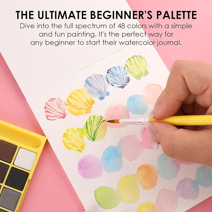 Grabie Mini Watercolor Paint Set, All-In-One 48 Colors Travel Watercolor Set with Paint Brush, Paper Pad & Swatch Sheet, Portable Vibrant Watercolor Kit for Beginners, Kids, Artists & Gifting