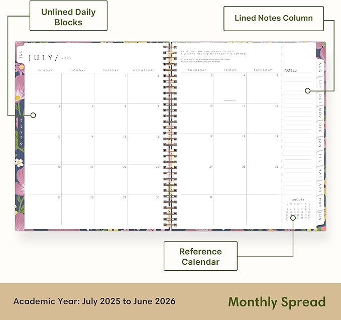 Blue Sky Sustainability 2025-2026 Weekly and Monthly Academic Year Planner Calendar, July 2025 - June 2026, 8.5" x 11", Flexible Cover From Recycled Plastic, Wirebound, Laminated Tabs, Storage Pocket, Gail