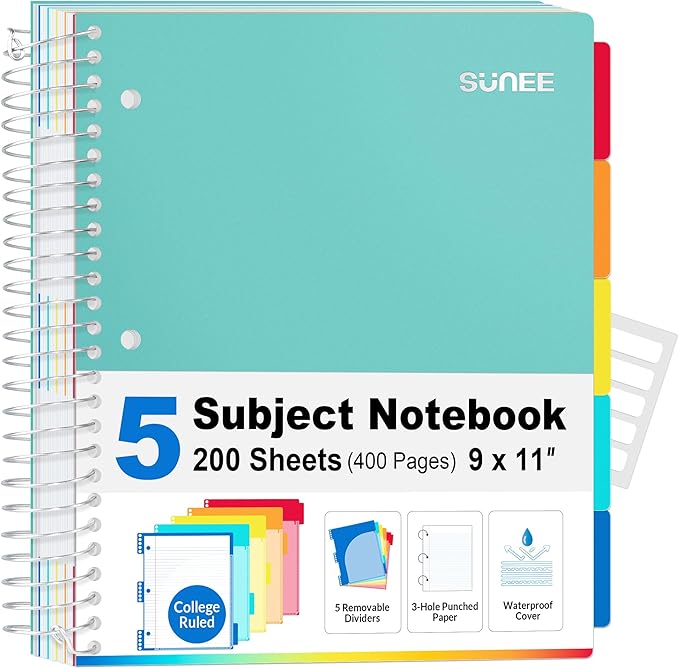 SUNEE 5 Subject Notebook College Ruled - 400 Pages, 9"x11", 5 Pocket Colored Dividers, 3-Hole Punched Paper, Teal