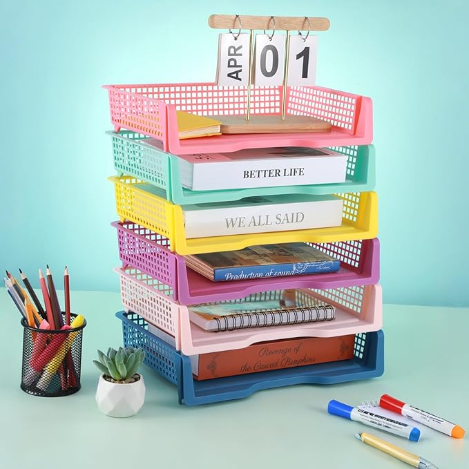 gisgfim 6 Pcs Turn in Trays Classroom Colorful Paper Tray for Classroom Organization and Storage Stackable Plastic Book Baskets Turn in Bins Teacher Organizers for Library Drawers School Office Desk