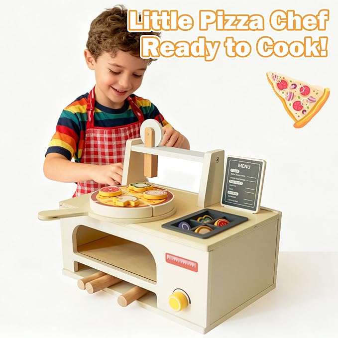 Wooden Pizza Toy Playset for Kids Ages 3–5, Montessori Pretend Play Food & Wooden Kitchen Playset with Easy Bake Oven, Slice & Serve Pizza Maker Toy, Educational Cooking Gift for Boys and Girls