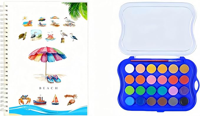 24 Colors Watercolor Book With Paint，Beginner Watercolor Workbook Kit, Watercolors Workbook (24 Colors - Beach)
