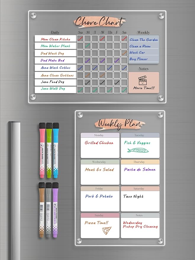 Magnetic Dry Erase Acrylic Chore & Weekly Calendar Set for Fridge, Refrigerator Visual Color-Block Design with 6 Color Erasable Magnetic Markers, Ideal for Kitchen Meal Planner & Fmaily Work Task