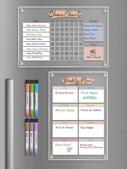 Magnetic Dry Erase Acrylic Chore & Weekly Calendar Set for Fridge, Refrigerator Visual Color-Block Design with 6 Color Erasable Magnetic Markers, Ideal for Kitchen Meal Planner & Fmaily Work Task