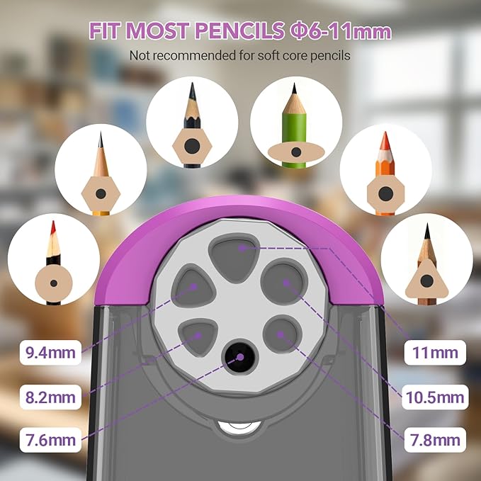 AFMAT Electric Pencil Sharpener for Classroom, 6 Holes, Cordless & Rechargeable, Fast Sharpen, Auto Stop, 10K+ Uses, Heavy Duty Pencil Sharpener for 6-11mm No.2/Large/Colored Pencils PSD2(Purple)