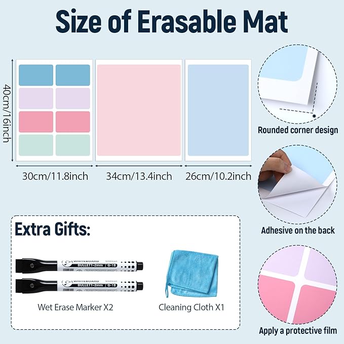 Dry Erase Desk Mat, Large Mouse Pad, Erasable Writing White Board for Making Plans, Self Adhesive Desktop Protector with 2 Wet Erase Markers & 1 Eraser for Home Office School 36"x16" (Pink Blue)