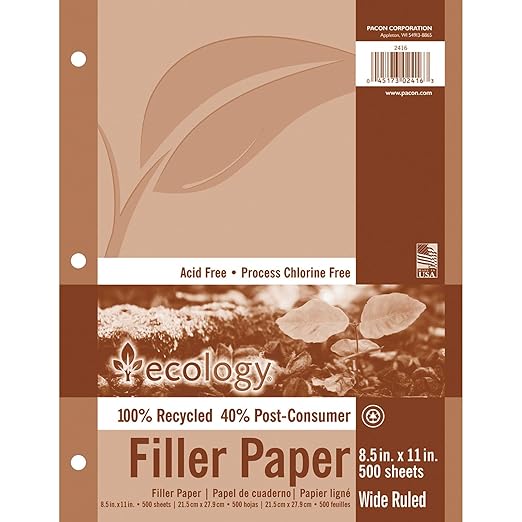 PACON Ecology Recycled Filler Paper - Letter, White, 8-1/2" x 11"
