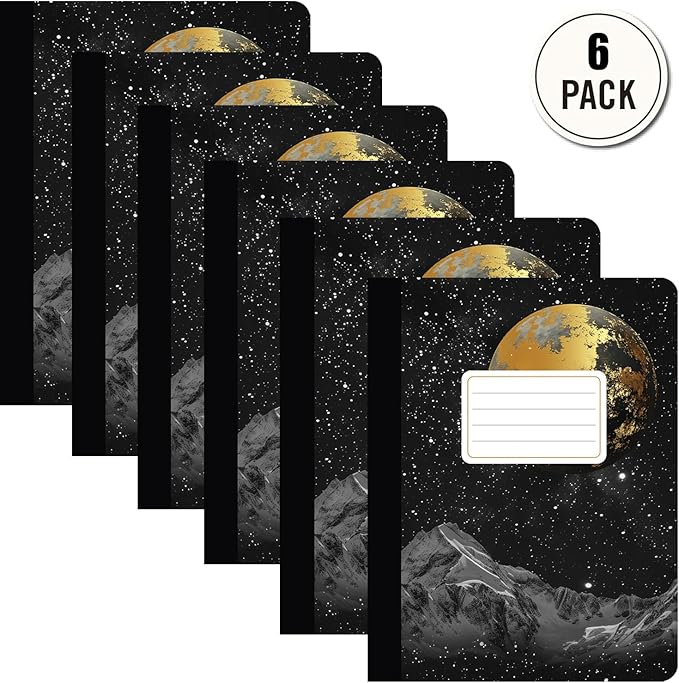 Jainzy Composition Notebooks, 6 Pack - 9.75 x 7.5 inches, College Ruled 140 Pages, Gold Foil Design