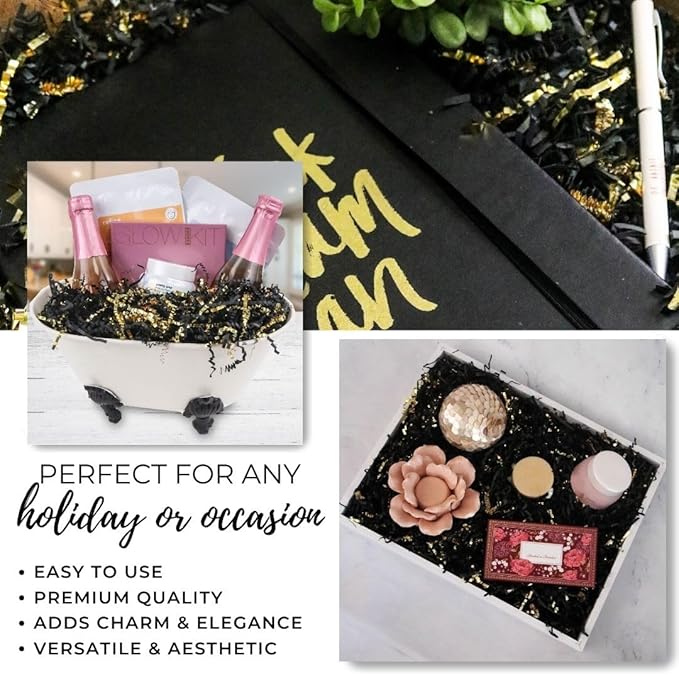 MagicWater Crinkle Cut Paper for Gift Baskets - 2LB - Black & Gold - Perfect for Shredded Paper Filler, Basket Filler, Gift Boxes, Bridesmaid Gifts, Christmas Stuffers & More – Ideal for All Occasions
