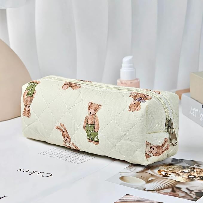 Pencil Case Office College School Storage Bag Pouch Holder Box Organizer Makeup Pouch Cosmetic Bag Aesthetic Cute Pen Case for Girls Boys Kids (Flower bear)