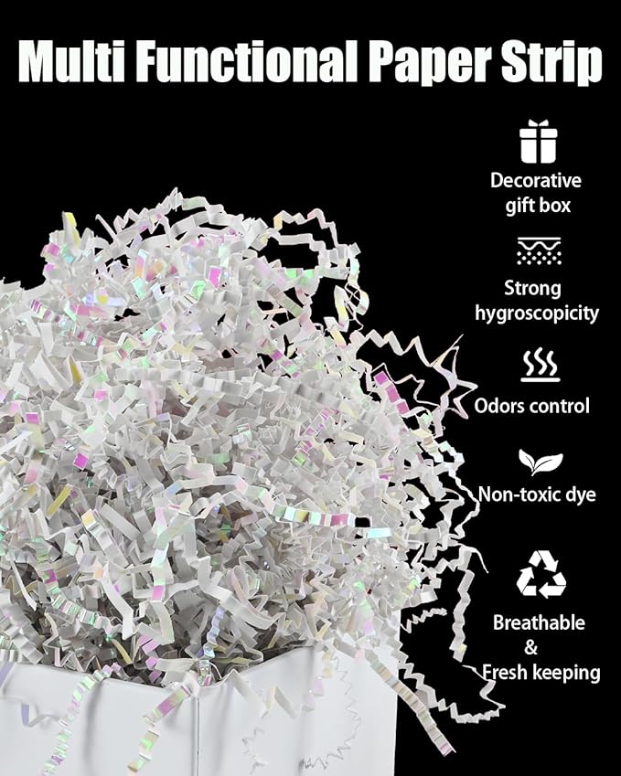 Raissily 10.5oz/300g Crinkle Cut Paper Shred Filler, Packing Grass Cushion for Mother‘s Day Wedding Birthday Anniversaries Engagement Gift Confetti Box Bag Basket Filling Decoration (Diamond White)
