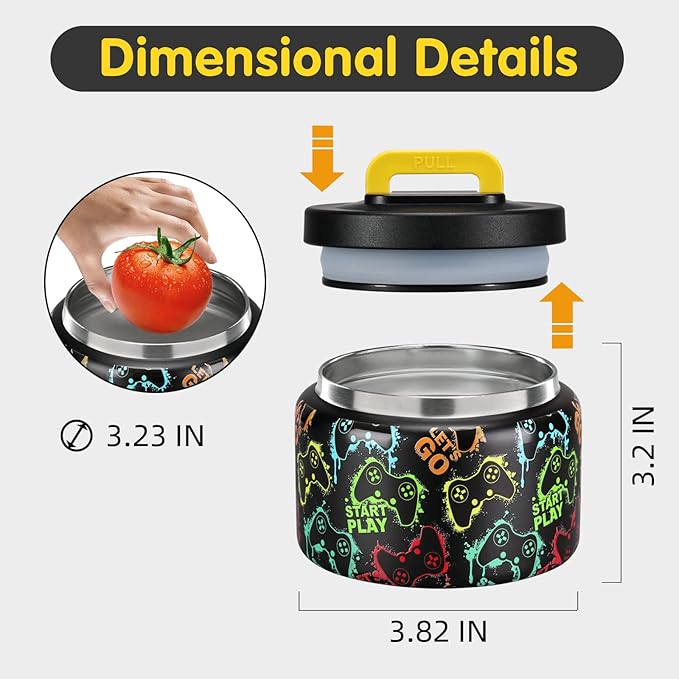 JXXM 8 Oz Thermo Food Jar for Hot & Cold Food for Kids, Insulated Lunch Containers Hot Food Jar,Leak-Proof Vacuum Stainless Steel Wide Mouth Lunch Soup Thermo for School (Black-Game machine)