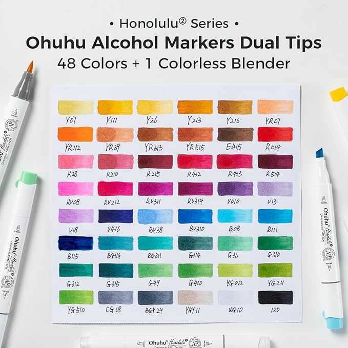 Ohuhu Alcohol Markers Brush and Chisel Tip: 48-Color Double Tipped Art Marker Set for Artist Adults Cozy Coloring Illustrations - Honolulu 2- Brush and Chisel Dual Tips- Refillable - AP Certificated