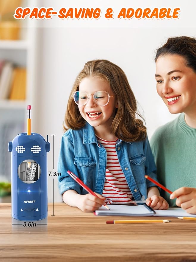 AFMAT Electric Pencil Sharpener Fully Automatic, Colored Pencil Sharpeners for 7-11.5mm Pencils, Rechargeable Hands-Free Robot Sharpener for Classroom, Home, Office, Battery Operated, PSX5EW, Blue