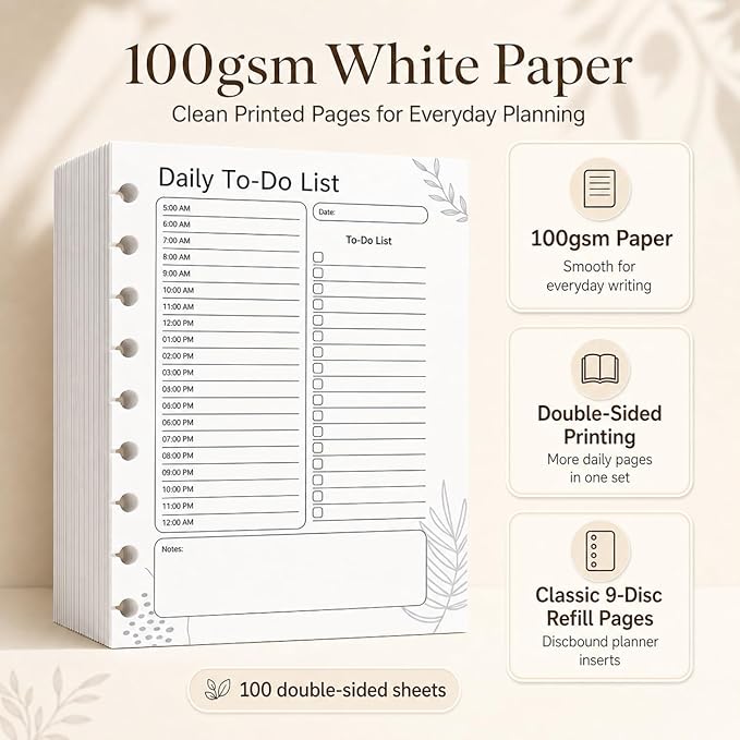 Classic 9-Disc Daily To Do List Planner Inserts, Discbound Undated Planner Refill Pages with Hourly Schedule, Checklist & Notes, 100 Double-Sided Sheets, 7 x 9.25 in