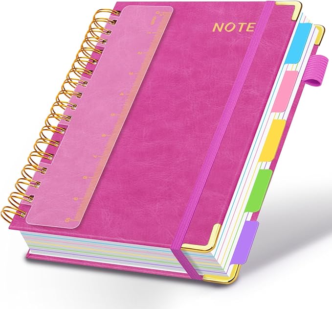 Hardcover Spiral Notebooks for Work 8.5''x 11'', 300 Pages 5 Subject Notebook with Dividers & Tabs, A4 Spiral Journal for Women, College Ruled Notebooks for School Note-Taking (Rose Purple)