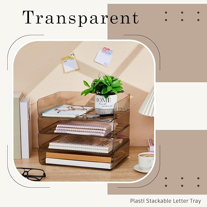 Harloon 4 Tier Clear Gray Acrylic Paper Organizer Letter Tray, Aesthetic Stackable Desk File Organizer Holder Office Tray for A4, Modern Home Office File Pad Books Notes, 13 x 9.8 x 3 Inches