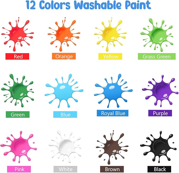 ABEIER Washable Kids Paint, Safe Non-Toxic Finger Paint, 12 Vibrant Colors(2 fl oz) with 3 Paint Brushes, Mess-Free Arts & Crafts Supplies for Toddlers & Grandkids, Ages 3, 4, 5