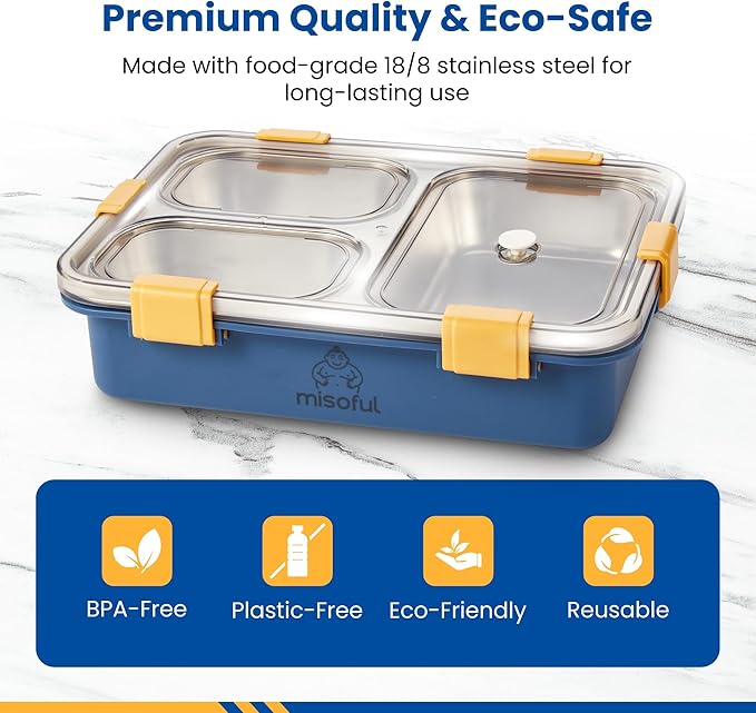 Bento Lunch Box for Kids Age 8+, Teens, Adults - 1000ml Stainless Steel School Lunchbox, 3 Compartments, Non-Microwavable, Compact BPA-Free Food Container for School Lunches, Snacks, Travel - Blue