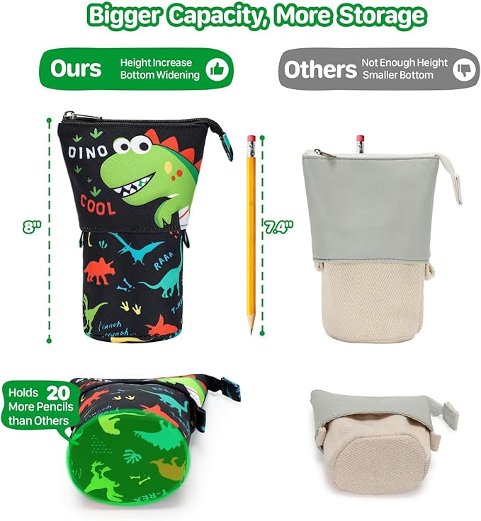 Standing Pencil Case for Boys - Telescopic Kawaii Pencil Pouch for Kids, Big Capacity Stand Up Stationery Pouch for School Students, Black Dinosaur