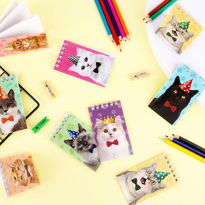 Hooqict 24 Pack Small Pocket Notebook Bulk Mini Notebooks for Cat Party Favors Mini Spiral Notepads Cute Memo Pads for Goodie Bag Stuffers, Pinata Fillers