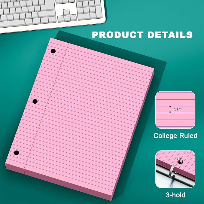 Pink Note Pads 8 X 10.5 Loose Leaf Paper, 120Sheets, 3 Hole Punched Lined Paper, College Ruled 8 X 10.5 Notebooks, 10-1/2" X 8 Binder Writing Pads, Filler Paper for Office, School Supplies