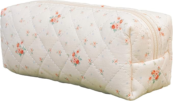 Carry bloom Pencil Pouch Cute Pencil Case for Girls Aesthetic Pencil Bag with Zipper Pen Cases School Supplies Makeup Bag (3 floral beige)