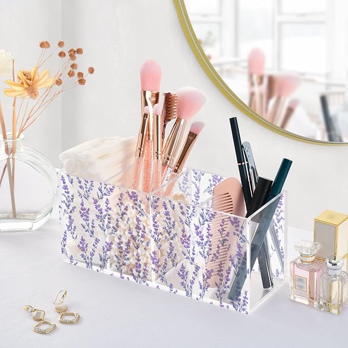 Aslsiy Purple Floral Lavenders (8) Pen Holder for Women 4 Compartments Acrylic Pencil Holder Clear Makeup Brush Holder Desk Organizer Office Supplies