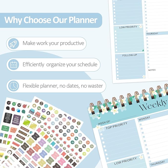 Weekly To Do List Notepad, 52 Sheets Undated Weekly Planner, 8.5"x11" Letter Size Horizontal Desk Pad with 100GSM Thick Paper, Twin-Wire Spiral Bound Tear Off Lined Organizer for Office Work, School & Home
