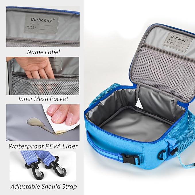 Cerbonny Kids Lunch Box For Girls & Boys, Insulated Lunch Bag With Double Bottle Holder & Freezable Liner (Blue)