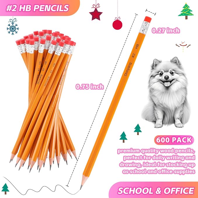 600 Pack #2 HB Pencils Bulk, Pre Sharpened, Number 2 Pencils, Yellow | School Supplies Teacher Office Essentials Accessories, Number 2 HB Graphite Pencils for Writing, Drawing and Sketching