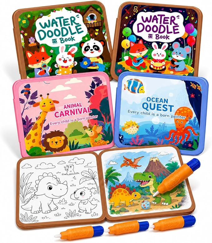Water Painting Book for Kids 4 Pack - Reusable Magic Water Coloring Books with 4 Water Pens, 36 Pages Mess-Free Art Activity Toys for Toddlers Ages 3-5, Travel Toys Educational Learning Gifts