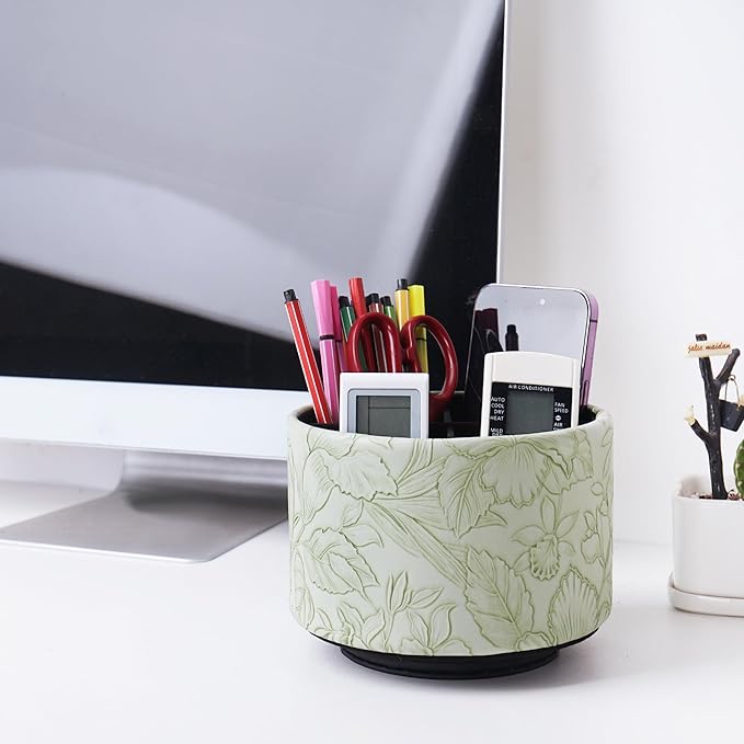 Round Leather Art Supply Organizer,Remote Control Holder,360 Degree Spinning,Multi-Functional Pencil Holder,4 Compartments Desktop Stationary Organizer(1-Carved Green)