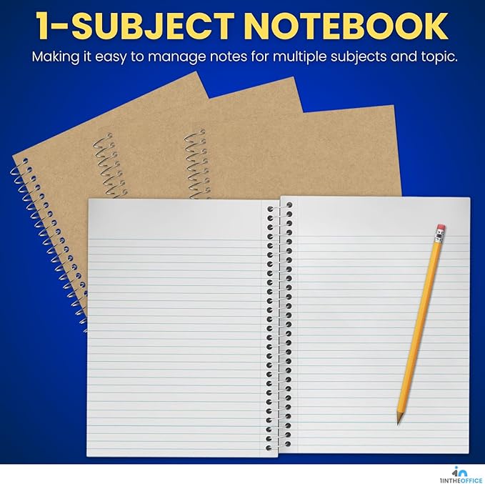 1InTheOffice Wirebound Spiral College Ruled Notebook 6 x 9, 3 Subject Notepad, Kraft Cover, 100 Sheets, (4/Pack)