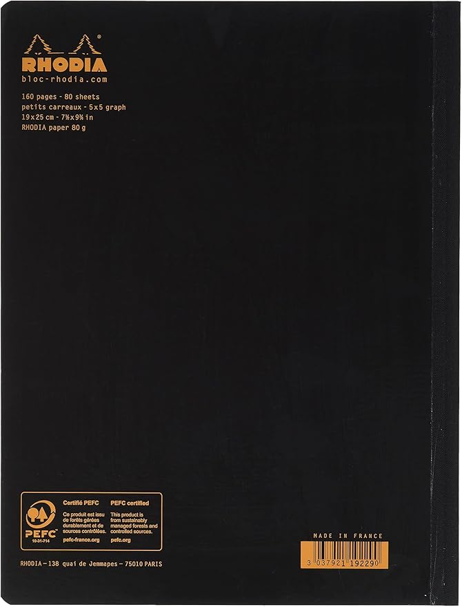 RHODIA 119229C - Flexible Notebook Cloth Back Composition Book Black - B5 - Small Squares - 160 pages - White Clairefontaine Paper 80 g/m - Classic