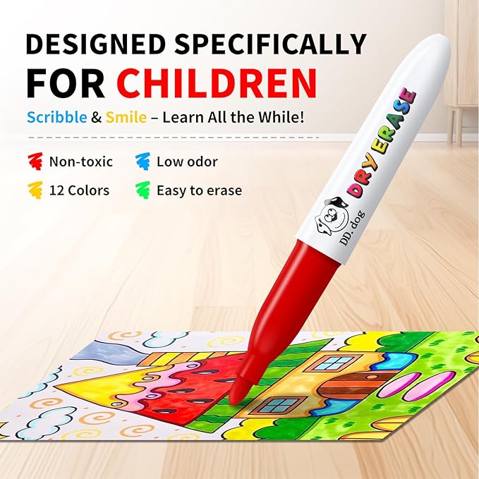 Mini Dry Erase Markers for Kids, Small 12 Colored Non-Toxic Fine Tip White board Markers, Low-Odor Whiteboard Markers Set for Classroom, Home & School Art Supplies (12 Pack)