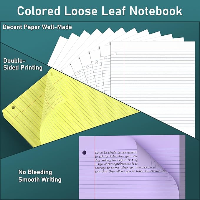 720 Sheets Loose Leaf Paper, 6-Color Lined Paper Notebooks, 8 x 10.5 College Ruled Filler Paper, 3-Hole Punched Binder Paper, Double-Side Printed Writing Paper Notepads for Home, Office, School