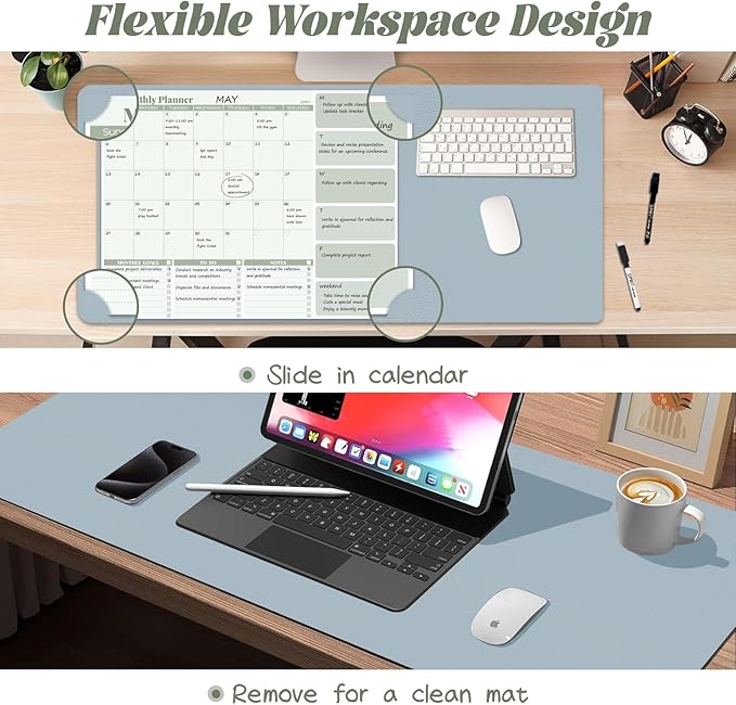 JJPRO Dual-Layer Sage Green Dry Erase Desk Mat,Large Multi-Use Dry Erase Desk Calendar, Erasable Desk Mat,Double-Sided Faux Leather Desk Pad,Reusable Desk Writing Board for Office, Home-16"x34"