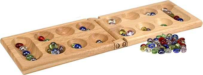 Pressman Mancala Board Game | Fun Classic Table for Adults & Kids | Includes 48 Glass Mancala Stones and Wood Hinged Playing Board | 2 Players, Ages 6+