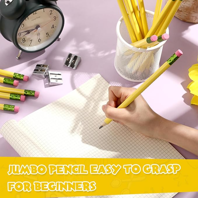 Fainne 102 Pieces Jumbo Pencils Set for Kids Toddlers 96 Thick Fat Large Pencils with Erasers 6 Sharpeners Bulk for Preschool Kindergarten Elementary School Classroom(Yellow,Triangle)