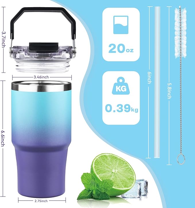 20oz Tumbler with Handle and Flip Straw Lid Double Wall Insulated Travel Coffee Mug Stainless Steel Vacuum Insulated Coffee Tumbler Cup for Hot and Cold Beverages Leak-proof&BPA-free（20oz,Blue Purple）