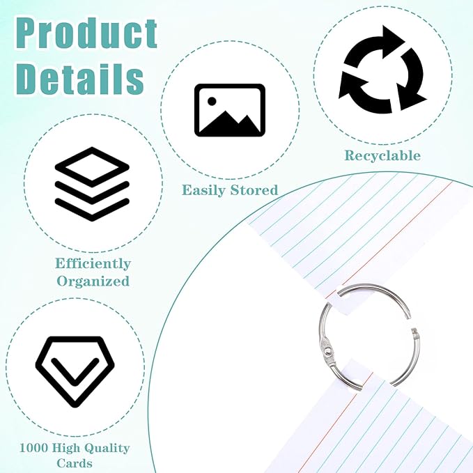 1000 Pcs 3 x 5 Inch Index Cards, Blank White Flash Card with 16 Metal Organizing Rings, Hole Punched Study Note Cards for School, Office, and Home