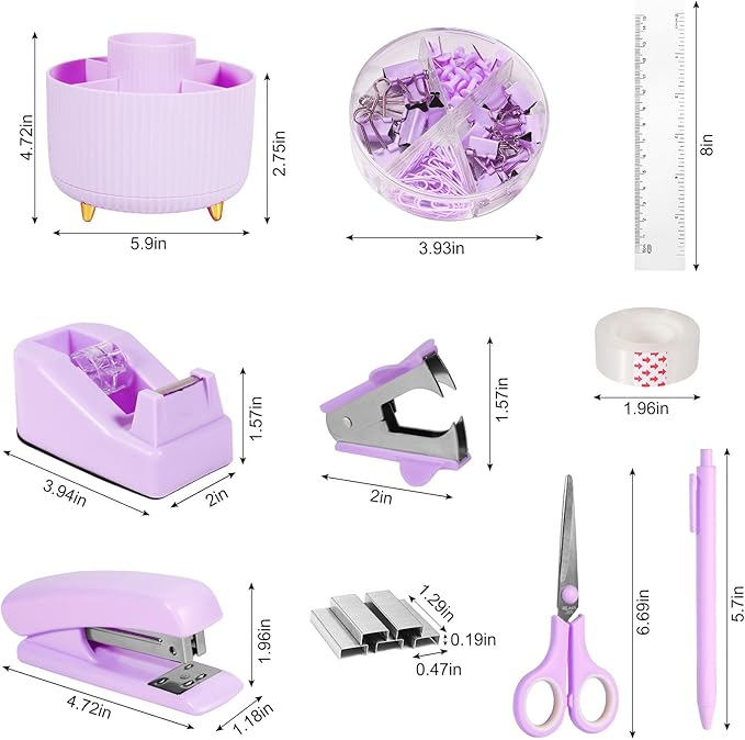 Gawsey Desk Organizers and Accessories Set with 360-Degree Rotating Pen Holder, Tape Dispenser, Stapler, Staple Remover, 1000 Staples, Tape, Clips Set, Ruler, Scissor, Pen (Purple)