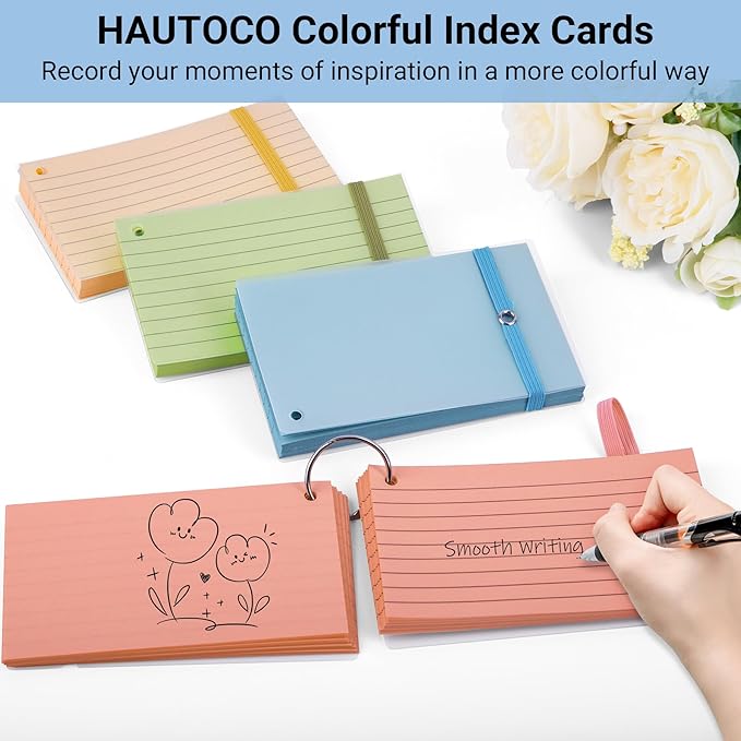 HAUTOCO 200 PCS Colored Flash Cards 3x5 with Rings, Ruled Index Cards with Waterproof Dividers, 4 Colors Study Notecards for Students, Teachers, Exam Prep, Office