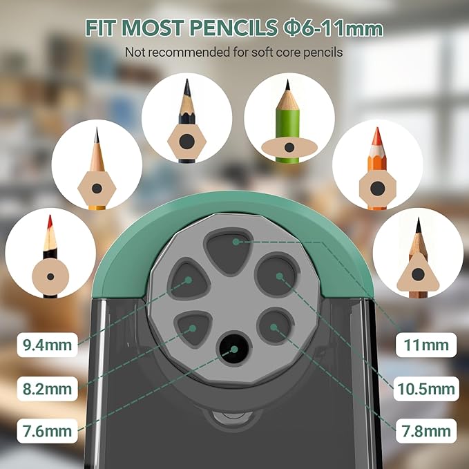 AFMAT Electric Pencil Sharpener for Classroom, 6 Holes, Cordless & Rechargeable, Fast Sharpen, Auto Stop, 10K+ Uses, Heavy Duty Pencil Sharpener for 6-11mm No.2/Large/Colored Pencils PSD2(Green)