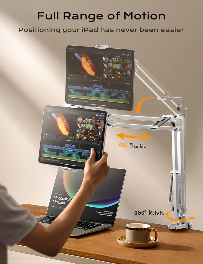 LISEN Tablet Stand iPad Stand for Desk Mount [Ultra Sturdy 2 Clamps] Kindle iPad Holder for Bed Gooseneck Phone Tablet Holder Mount fits iPhone Kindle 4-13" Device (White)
